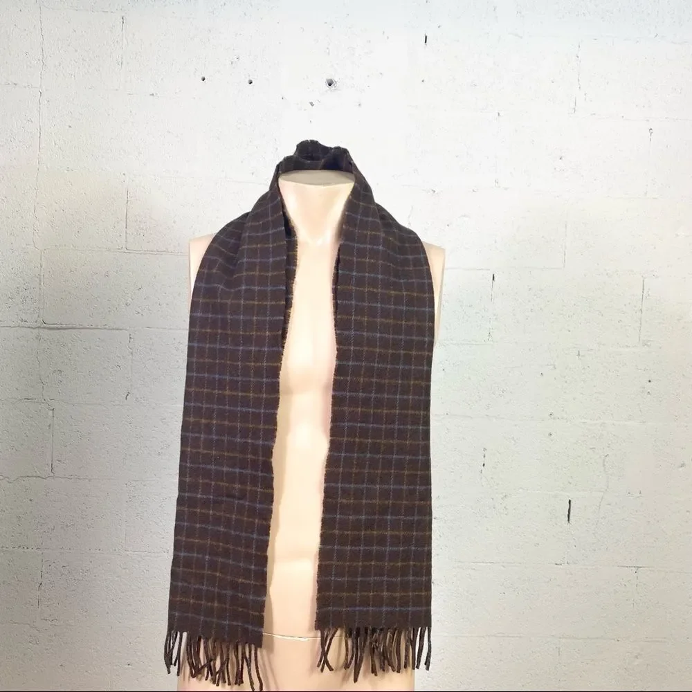 Pringle Of Scotland vintage 100% pure new lamb wool brown plaid scarf muffler